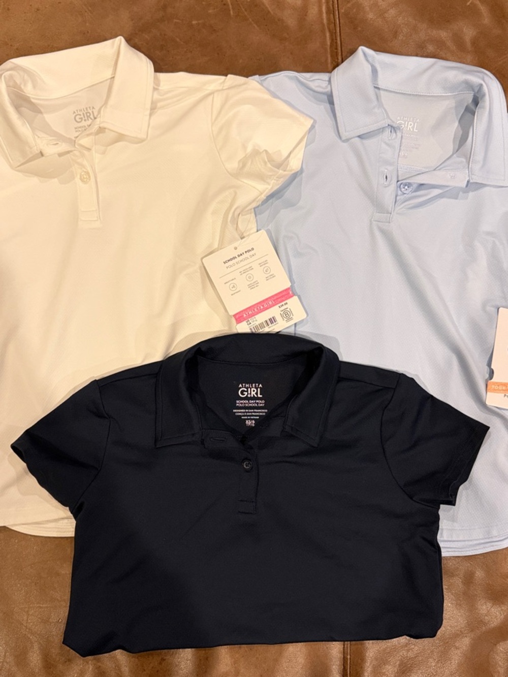 Athleta Girls Polo Trio in White, Light Blue, and Navy